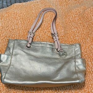 Michael Kors Metallic Silver Shoulder Bag with Pale Pink Straps